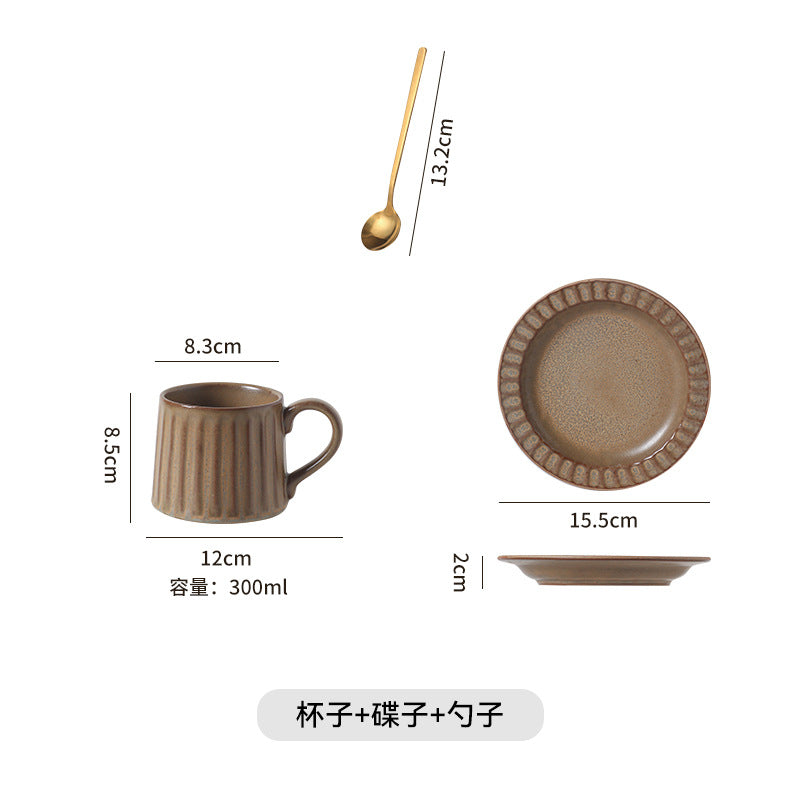 Japanese Retro Exquisite Afternoon Tea Latte Art Striped Coffee Cup and Saucer Ceramic Set Office Milk Breakfast Cup