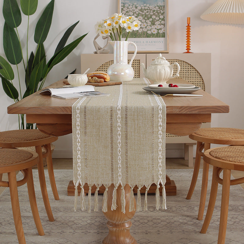 Cross-Border Trade Supply American Style Table Runner Cotton Linen Tablecloth Handmade Tassel Coffee Table Mat Home Long Table Decoration Cloth