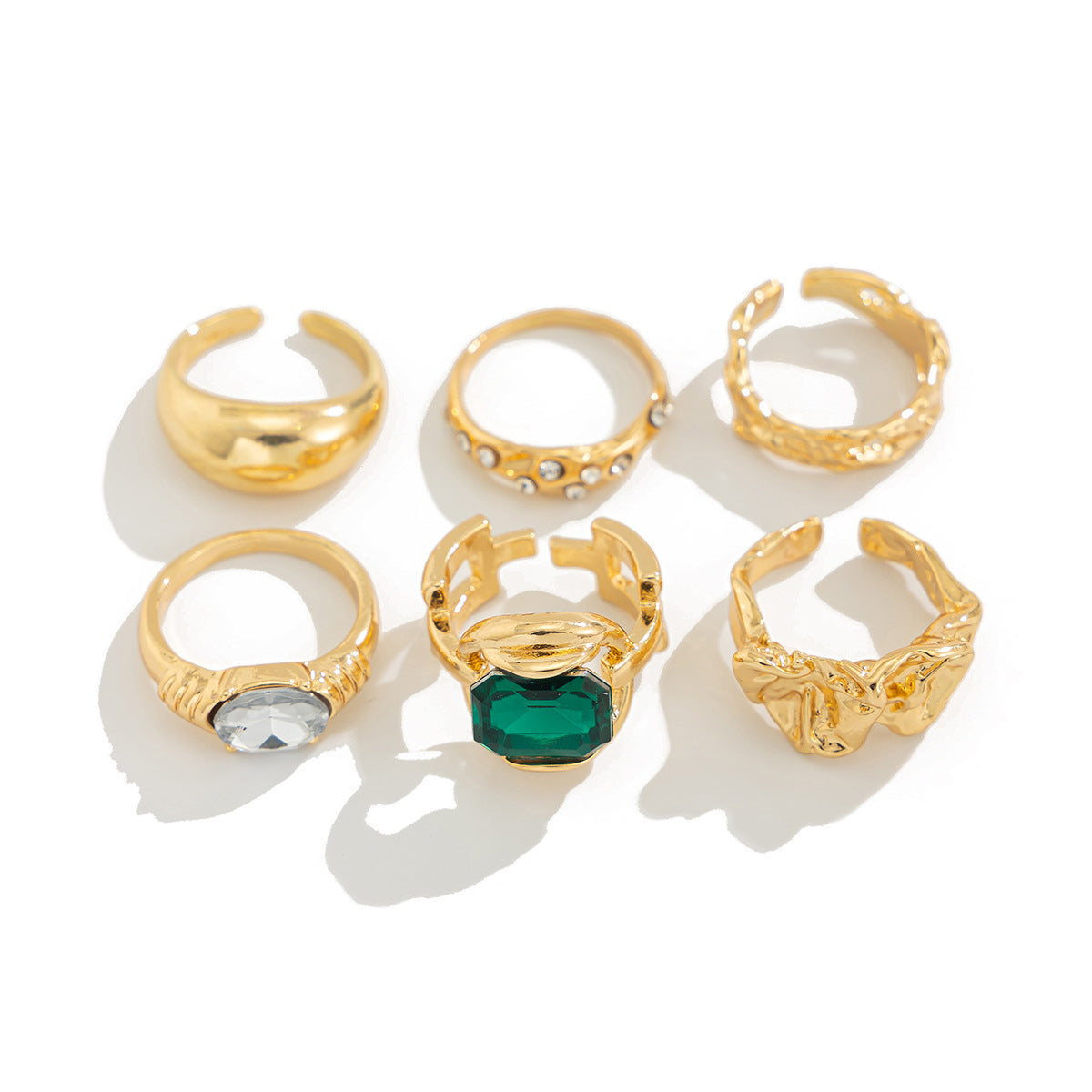 Fashionable Hollow Inlaid Irregular Ring Vintage Alloy Wrinkled Ring Set