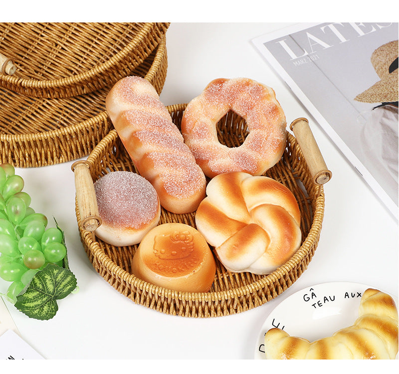 Fruit Plate Hand-Woven Japanese Bread Basket Steamed Bun Basket Living Room Household Storage Basket Rattan Double Ear Tray