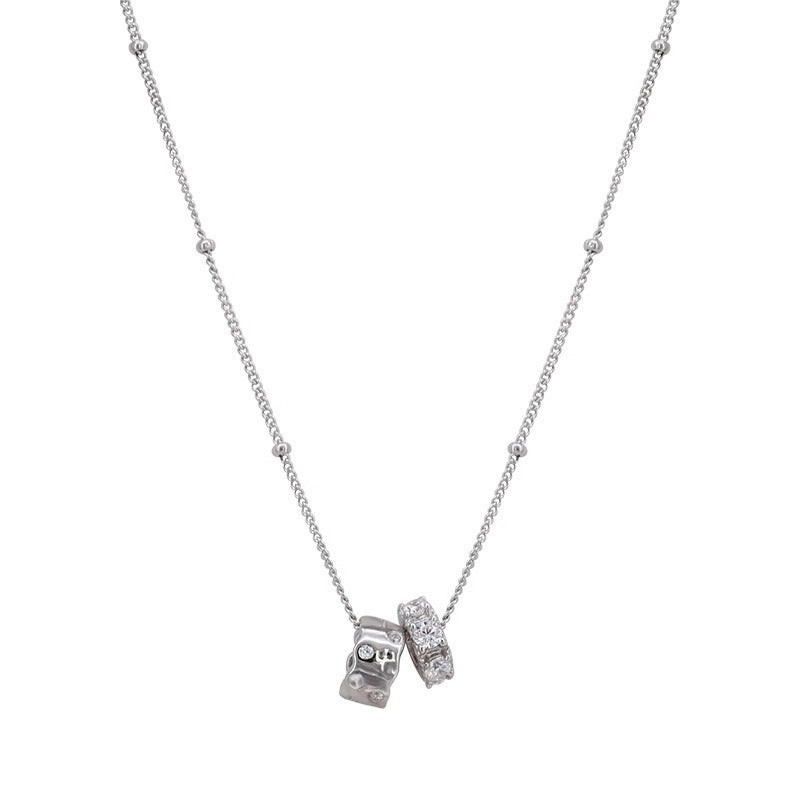 S925 Sterling Silver Double Ring Zircon Necklace Women's Light Luxury Double Ring Niche Clavicle Chain High-grade Sense Woolen Chain New Style