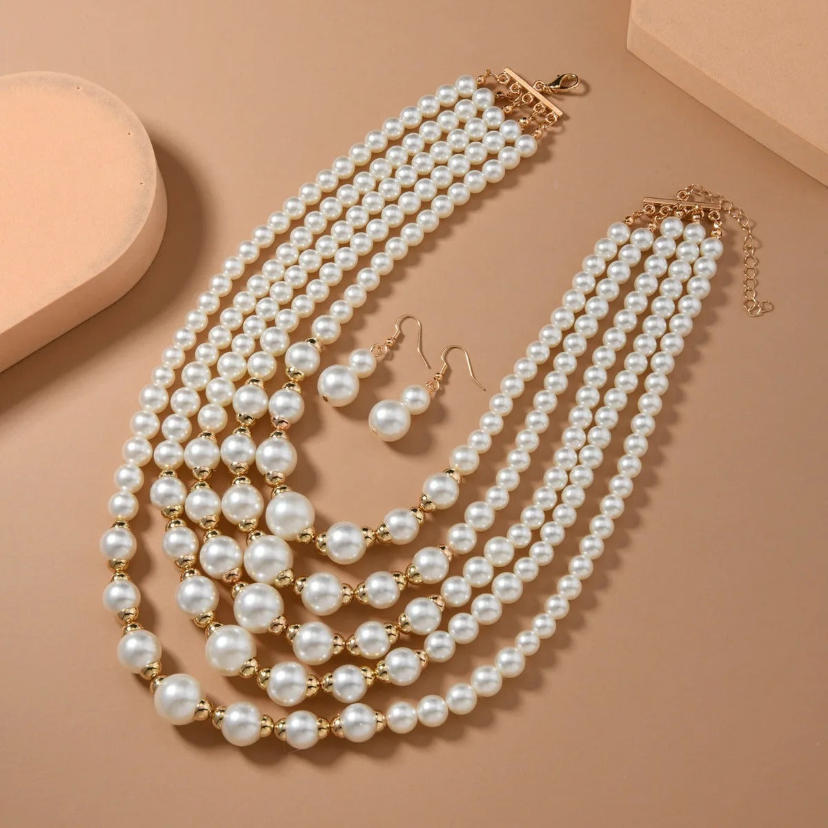 Trend Statement Jewelry Set Multi-layer Handmade Imitation Pearl Beaded Bib Necklace And Earrings For Women Party Accessories