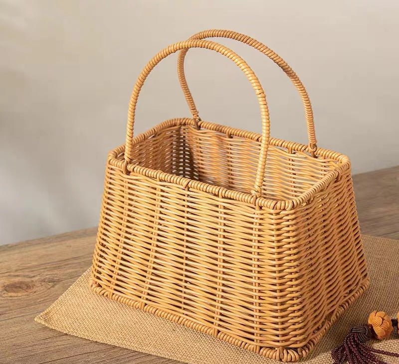 Imitation Rattan Woven Basket Storage Handheld Basket Woven Flower Basket Handmade Gift Storage Bin Organizer Basket Shopping Basket