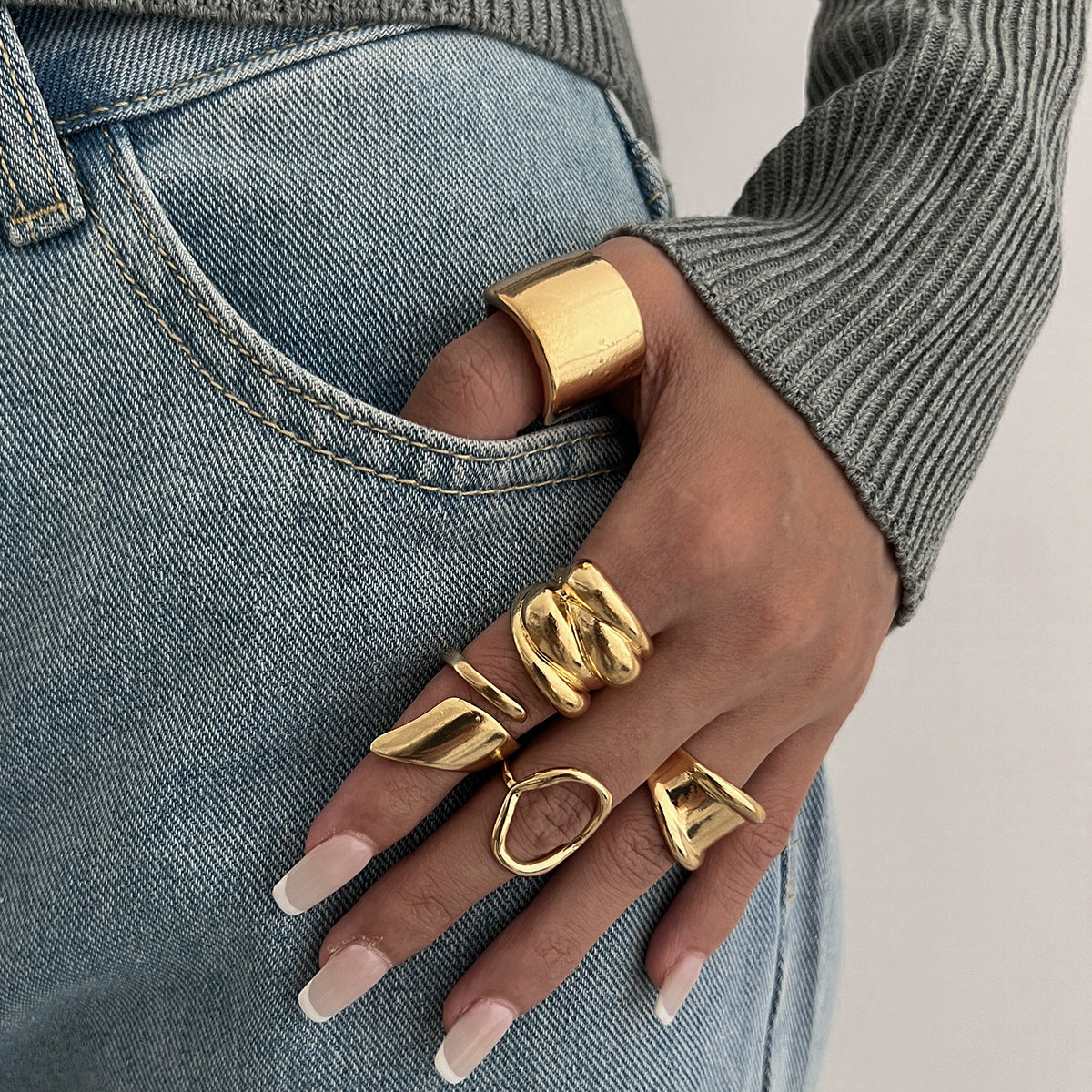 Hand Jewelry Personality Smooth Irregular Geometric Joint Ring Hip Hop Style Women's Ring Set