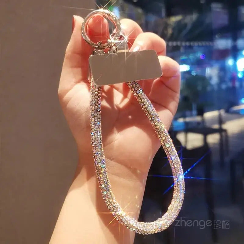 1pc Short Full Diamond Mobile Phone Lanyard Women's Small Fragrant Wind Short Wrist Case Universal Anyard Metal Clip Lanyard
