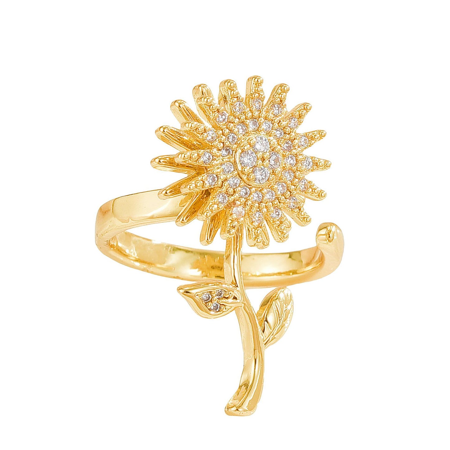 Rotating Ring for Women, Copper Gold Plated, Non-Fading, Elegant and Luxurious, Adjustable Daisy, Star, Moon, Zircon, European and American Cross-Border