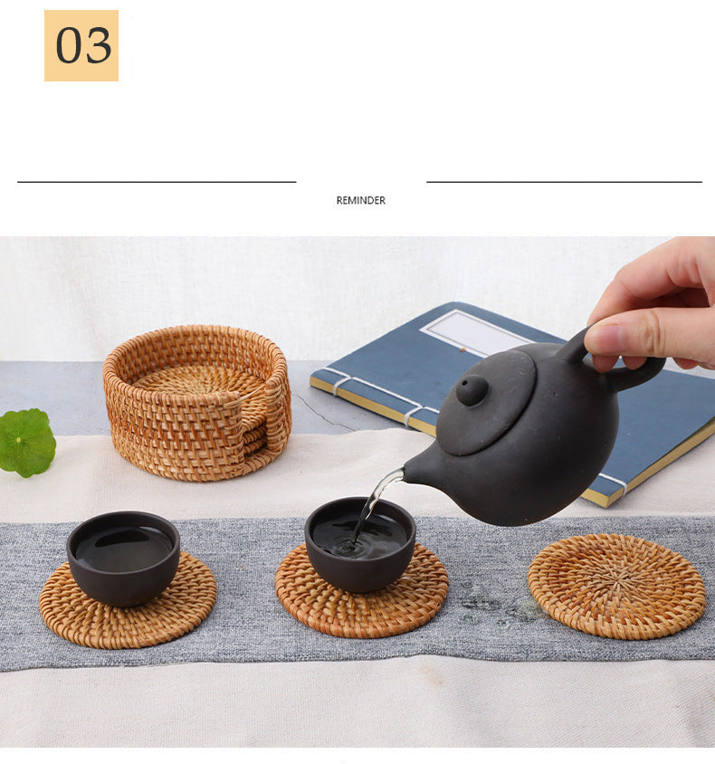 In Stock Vietnam Rattan Coaster Handmade Round Tabletop Tea Coaster Autumn Rattan Dining Table Western Food Mat Heat Insulation Tea Set Accessories