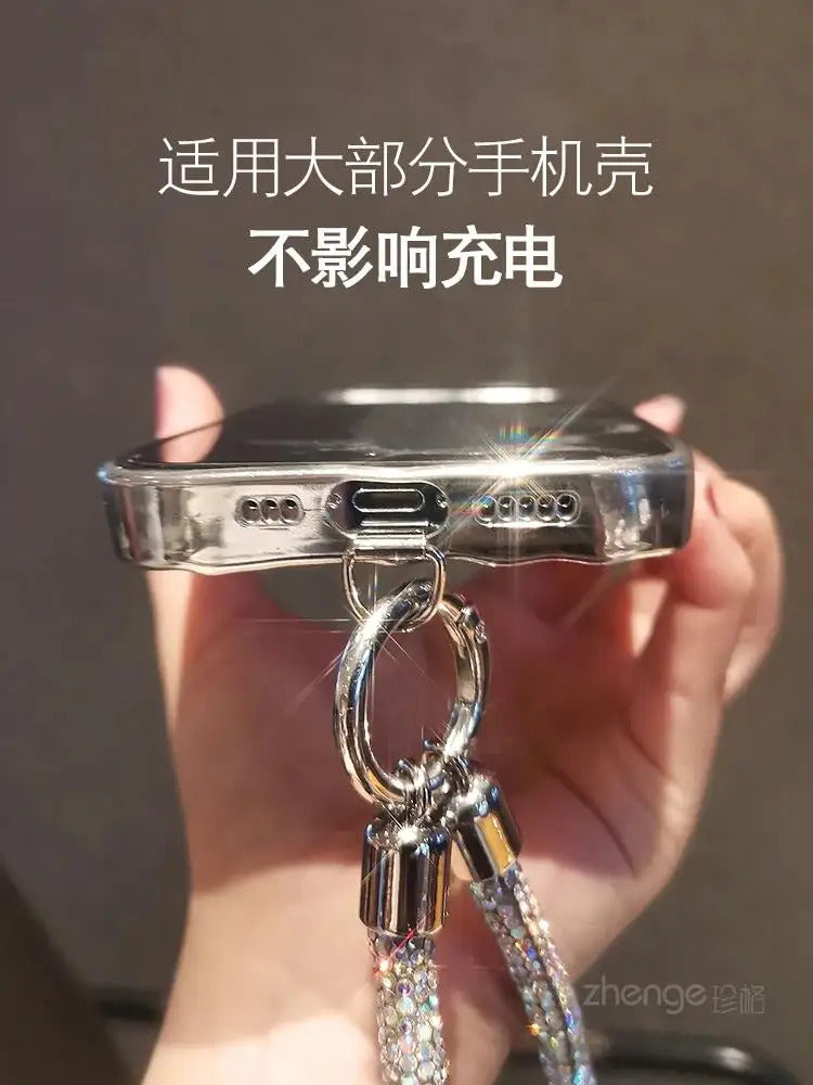 1pc Short Full Diamond Mobile Phone Lanyard Women's Small Fragrant Wind Short Wrist Case Universal Anyard Metal Clip Lanyard