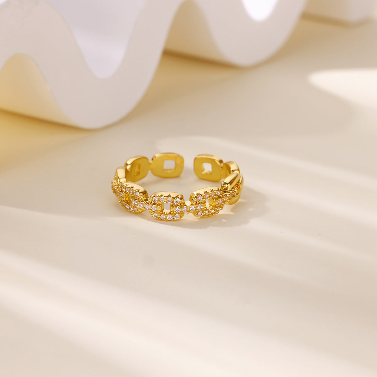 Hot Selling 18K Gold-Plated Full Diamond Titanium Steel Colorfast Open Ring Female Zircon Leaf Ring Female High Sense