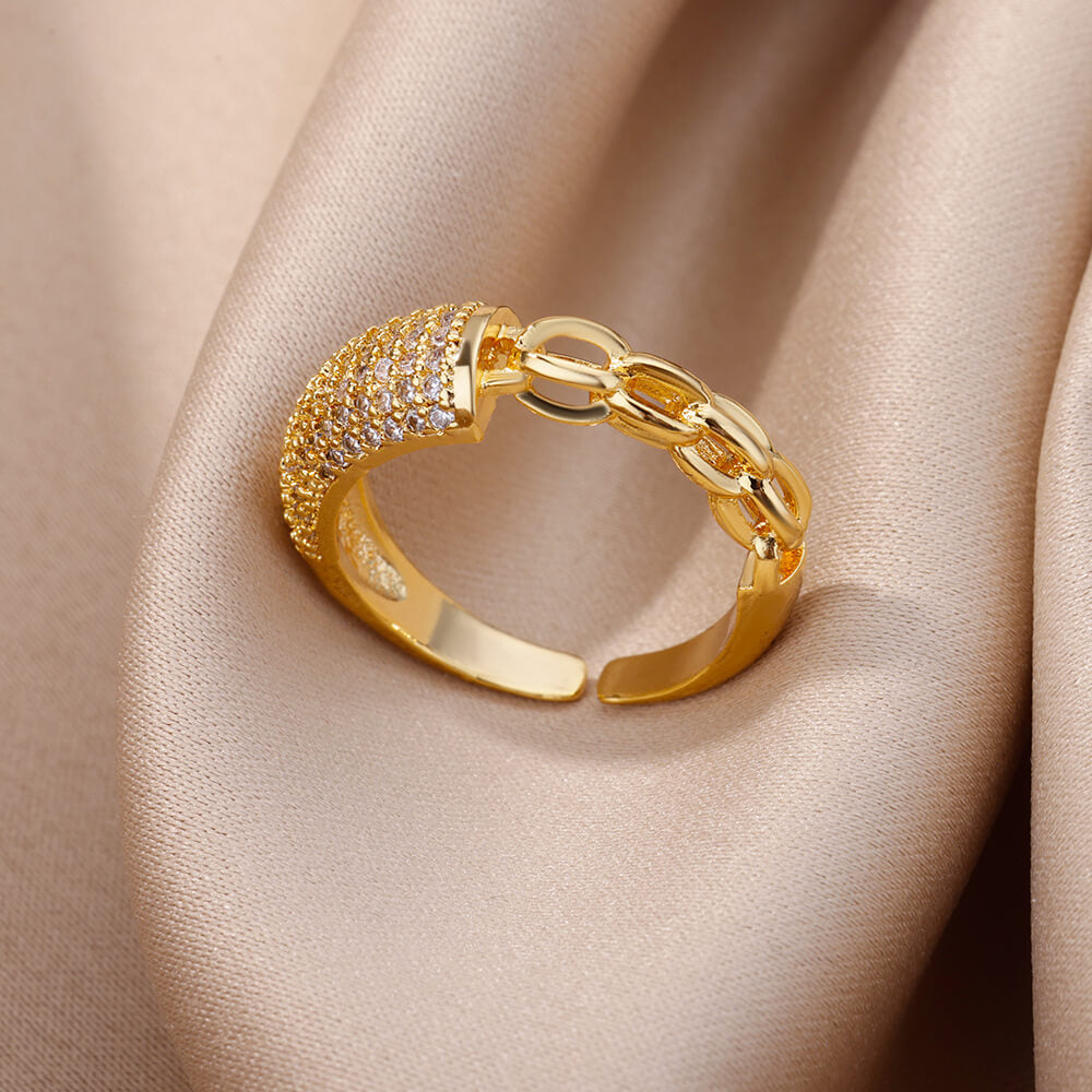 Hot Selling 18K Gold-Plated Full Diamond Titanium Steel Colorfast Open Ring Female Zircon Leaf Ring Female High Sense