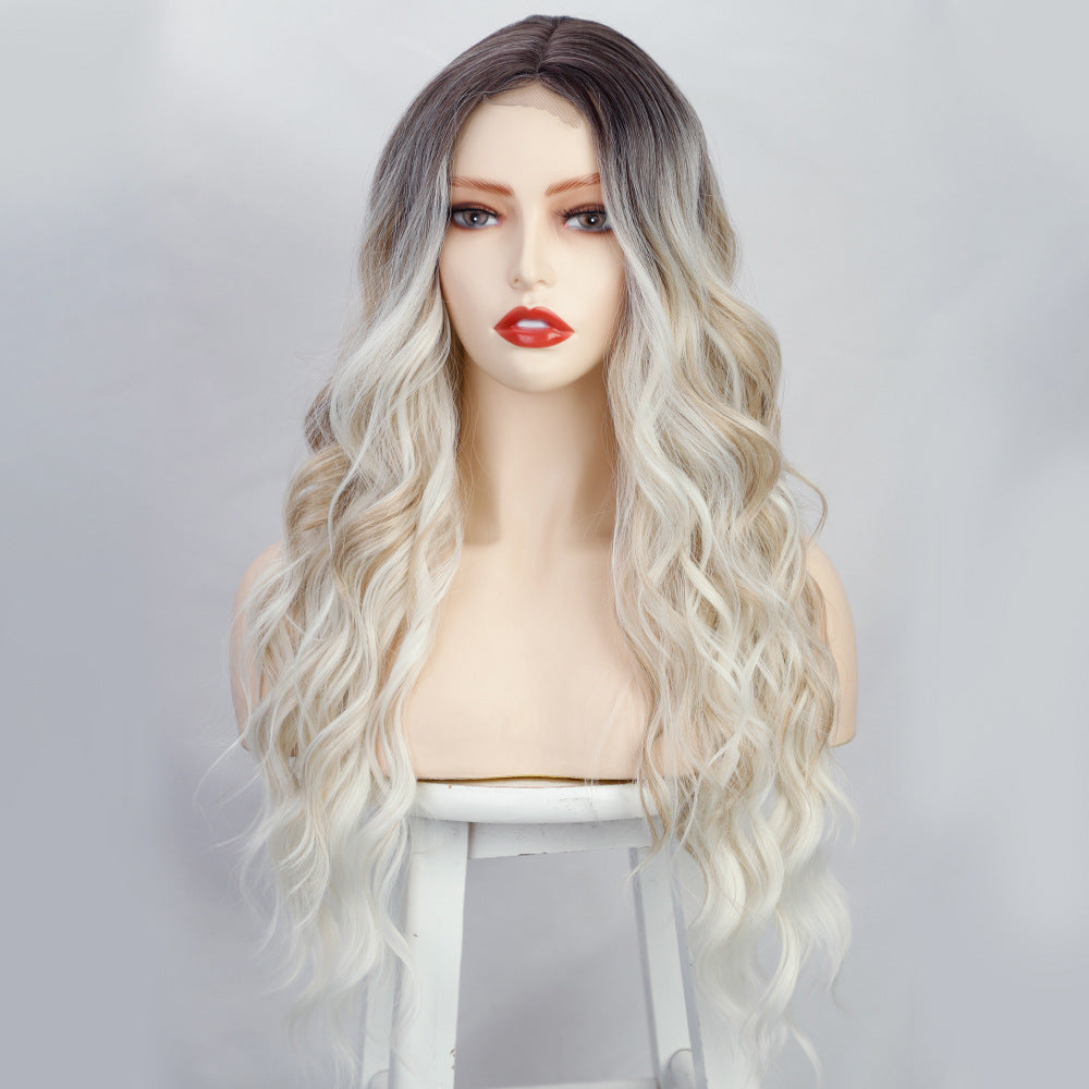 Xuchang European and American Style Wig for Women, Front Lace Wig, Middle Part, Small Lace, Highlighted Long Curly Hair, Synthetic Fiber Wig, Export Wigs