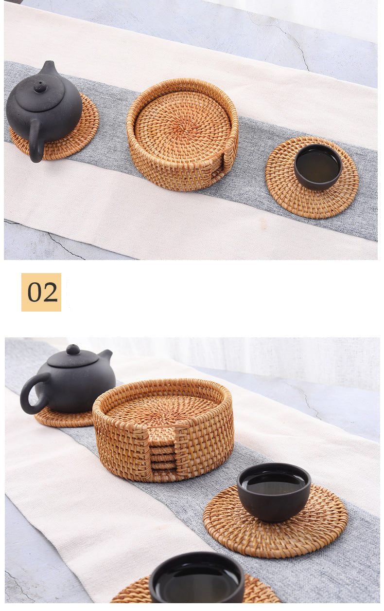 In Stock Vietnam Rattan Coaster Handmade Round Tabletop Tea Coaster Autumn Rattan Dining Table Western Food Mat Heat Insulation Tea Set Accessories