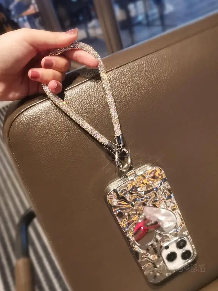 1pc Short Full Diamond Mobile Phone Lanyard Women's Small Fragrant Wind Short Wrist Case Universal Anyard Metal Clip Lanyard