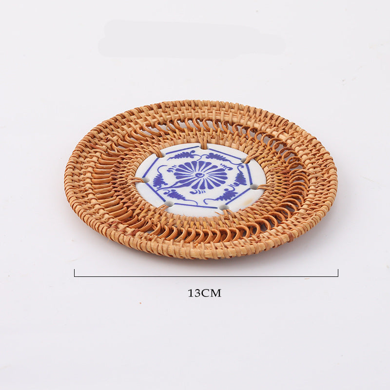 In Stock Vietnam Rattan Coaster Handmade Round Tabletop Tea Coaster Autumn Rattan Dining Table Western Food Mat Heat Insulation Tea Set Accessories