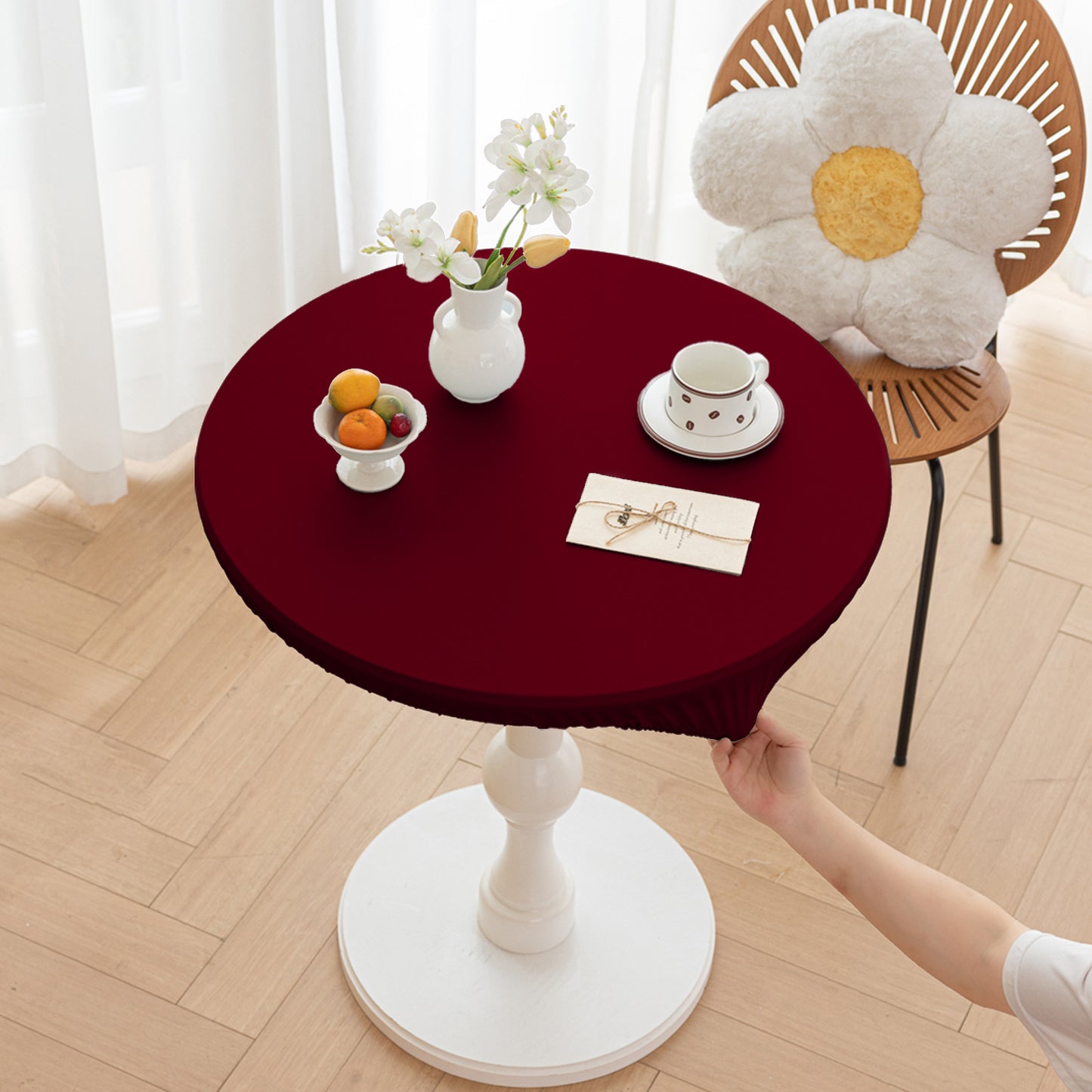 All-inclusive Stretch Household Dining Table Set Leather Non-washable Round Table Set Simple Solid Color Round Leather Cover Dustproof Non-slip