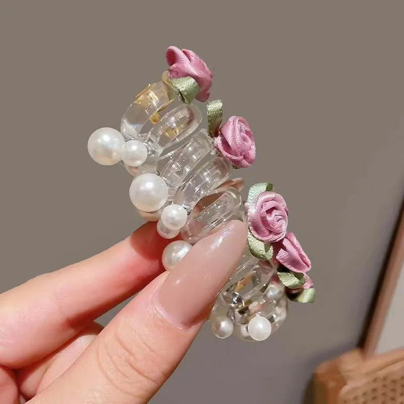 New Rose Flower Telephone Phone Line Hair Rope for Women Girls Elastic Pearl Ponytail Hair Loop Headwear Hair Accessories