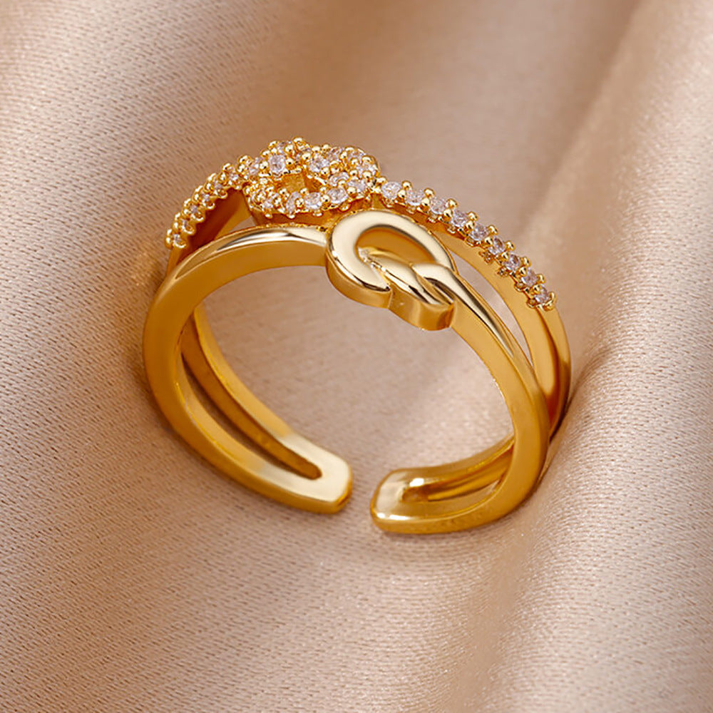Hot Selling 18K Gold-Plated Full Diamond Titanium Steel Colorfast Open Ring Female Zircon Leaf Ring Female High Sense