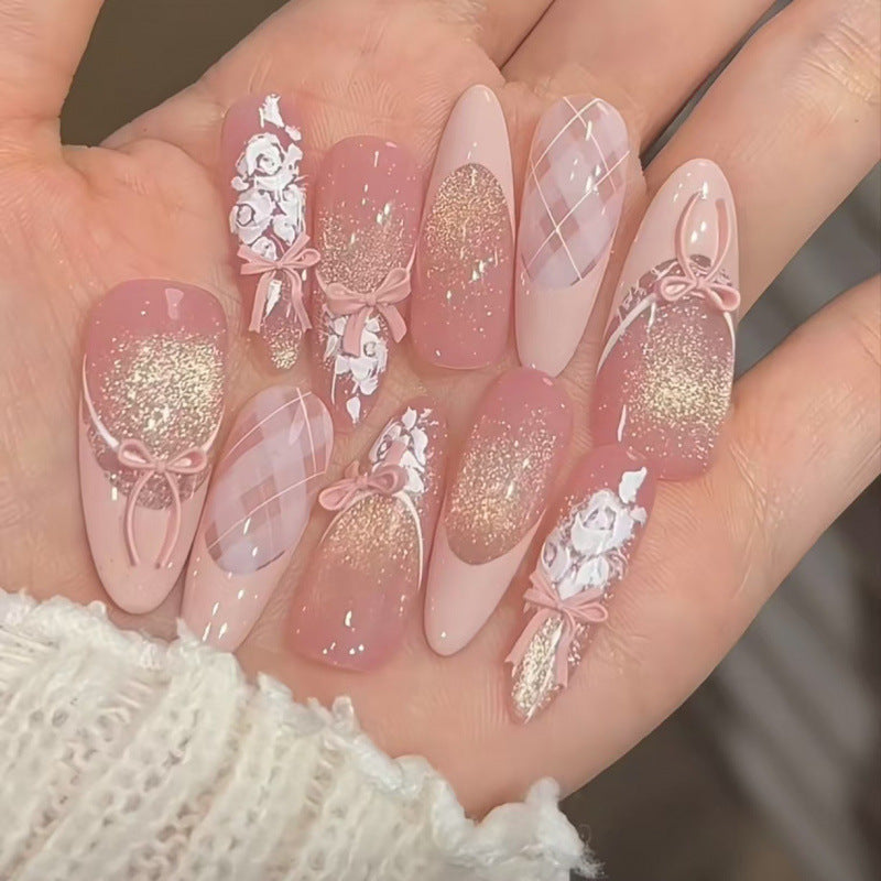Purely Handmade Wearable Nails Atmosphere Sparkling Cat Eye French Hand-painted Gradient Flower Bedtime Fairy Tale Sweet Girl Nail Art