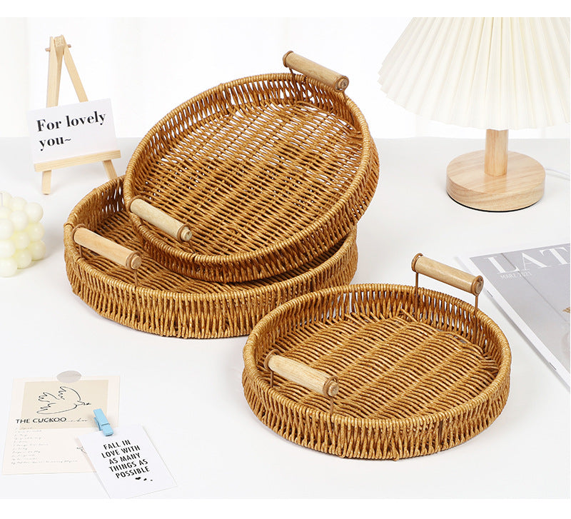 Fruit Plate Hand-Woven Japanese Bread Basket Steamed Bun Basket Living Room Household Storage Basket Rattan Double Ear Tray