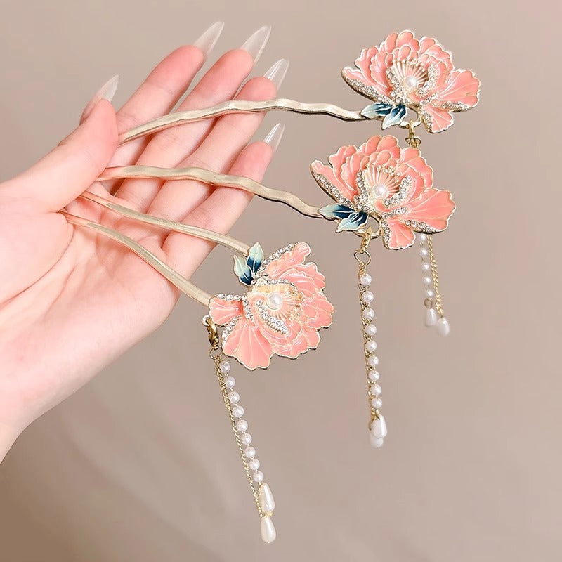 National Style Peony Flower Hairpin for Women 2025 New Super Fairy Step Shake Tassel Hair U-shaped Hairpin Cheongsam Hanfu Hairpin