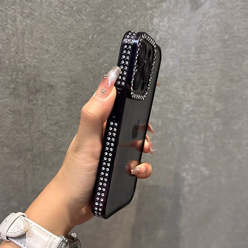 Double Row Diamond Compatible with iPhone 15 Pro Max Phone Case Electroplated Diamond Inlaid Transparent Soft Case Apple 16 Full Coverage Anti-drop