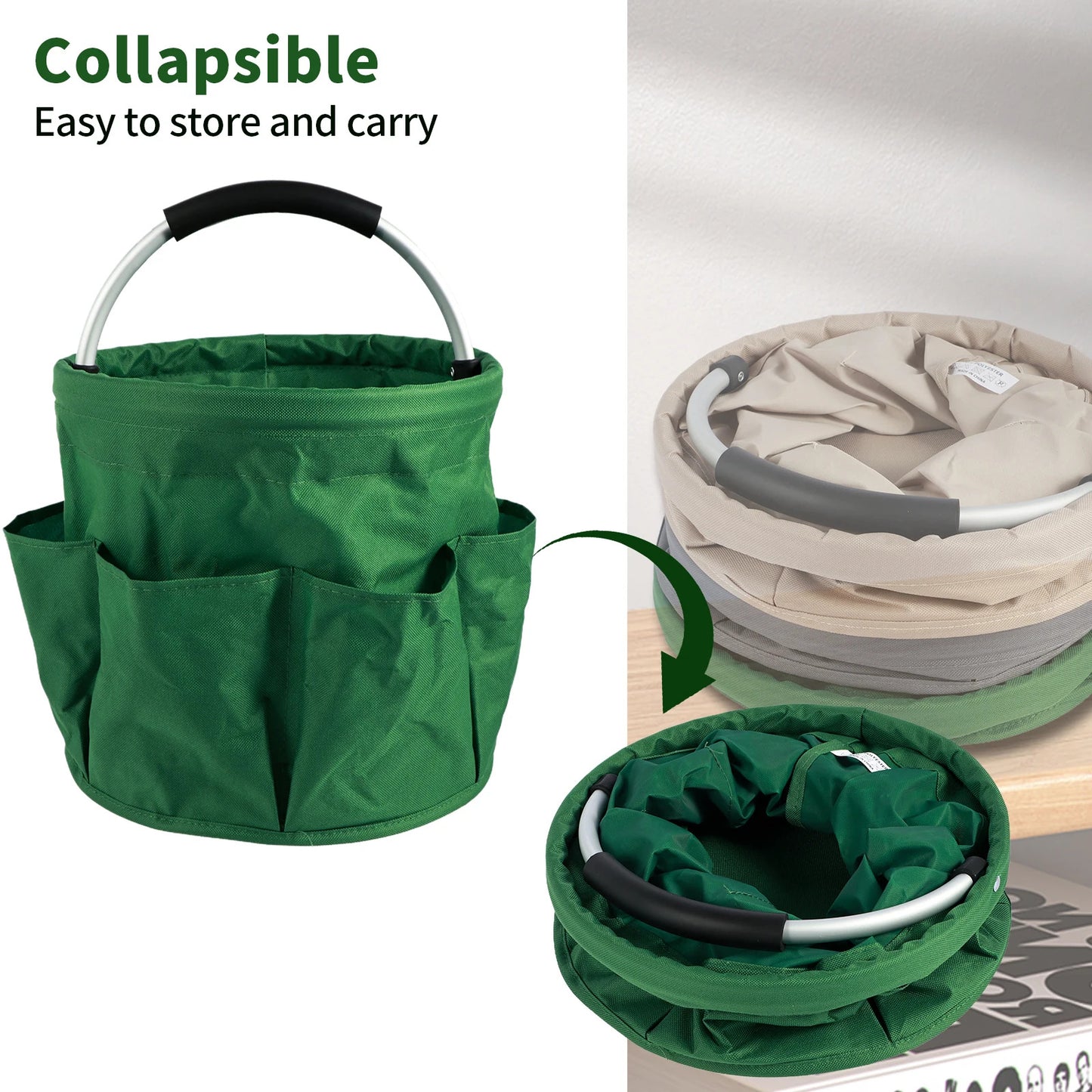 17L Hand Storage Basket Folding Garden Tool Basket Portable Picnic Basket Large Capacity Multifunctional Wash Bag with 6 Pockets