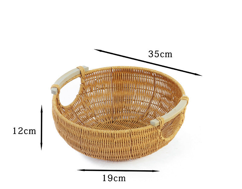 Fruit Plate Hand-Woven Japanese Bread Basket Steamed Bun Basket Living Room Household Storage Basket Rattan Double Ear Tray