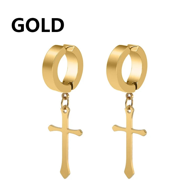 1 Pair Punk Stainless Steel Cross Stars Pendant Ear Clip No Piercing Earrings For Women Hiphop Fashion No ear hole Men Jewelry