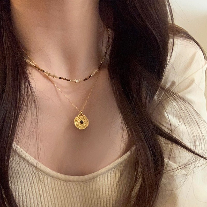 Milad Style Natural Stone Beaded Compass Pendant Layered Necklace for Women, Light Luxury Retro Versatile Choker Collarbone Chain