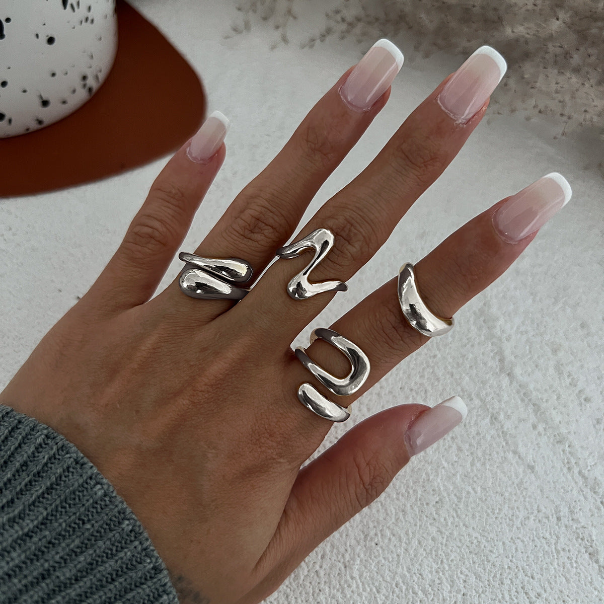 Hand Jewelry Personality Smooth Irregular Geometric Joint Ring Hip Hop Style Women's Ring Set