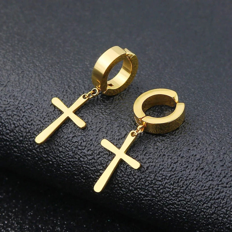 1 Pair Punk Stainless Steel Cross Stars Pendant Ear Clip No Piercing Earrings For Women Hiphop Fashion No ear hole Men Jewelry