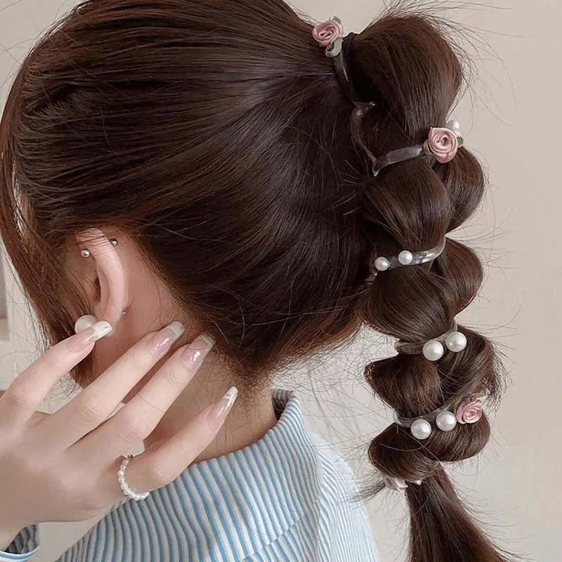 New Rose Flower Telephone Phone Line Hair Rope for Women Girls Elastic Pearl Ponytail Hair Loop Headwear Hair Accessories