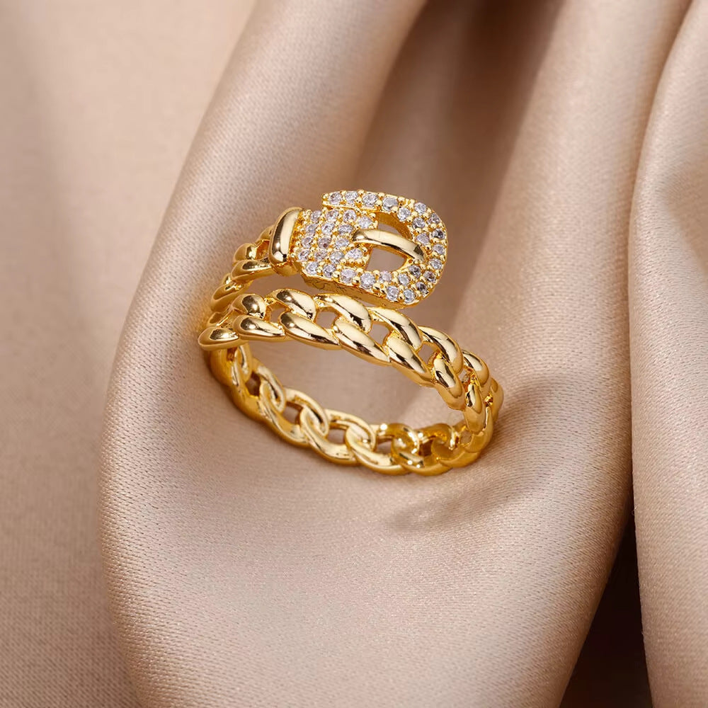 Hot Selling 18K Gold-Plated Full Diamond Titanium Steel Colorfast Open Ring Female Zircon Leaf Ring Female High Sense