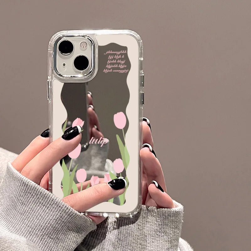 Tulip Flowers Mirror Glass Case For iPhone 11 Pro Max 16 14 13 Pro 12 15 XR XS Max X Case Square Floral Leaf Lette Pattern Cover