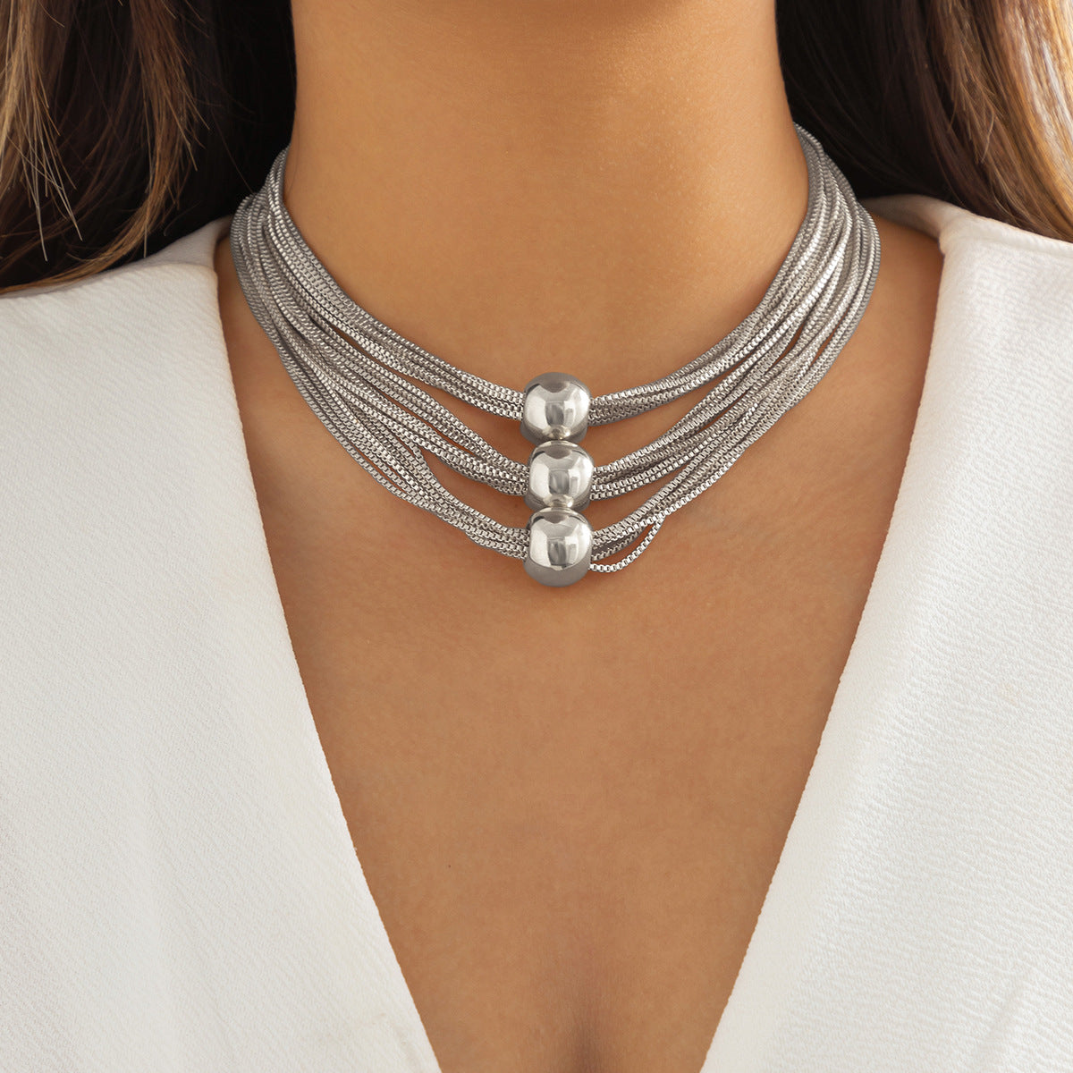Cross-Border Exaggerated Punk Multi-Layer Chain Stacked Necklace Simple Niche Geometric Ball Personality Choker Necklace