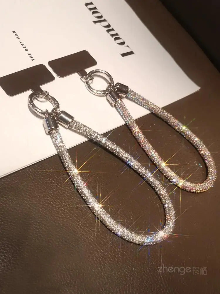 1pc Short Full Diamond Mobile Phone Lanyard Women's Small Fragrant Wind Short Wrist Case Universal Anyard Metal Clip Lanyard