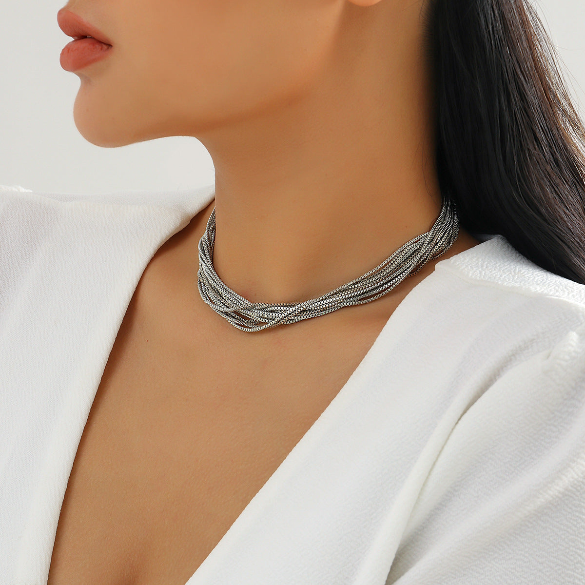 Cross-Border Exaggerated Punk Multi-Layer Chain Stacked Necklace Simple Niche Geometric Ball Personality Choker Necklace