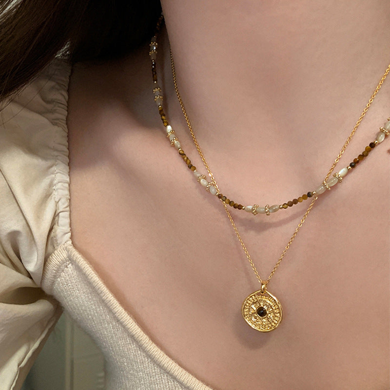 Milad Style Natural Stone Beaded Compass Pendant Layered Necklace for Women, Light Luxury Retro Versatile Choker Collarbone Chain
