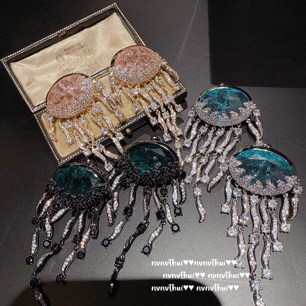 Sparkling PA Pink Cloud Pattern Jellyfish Tassel Gem Earrings Rich Woman's Happy Egg-Shaped Princess Pink Earrings