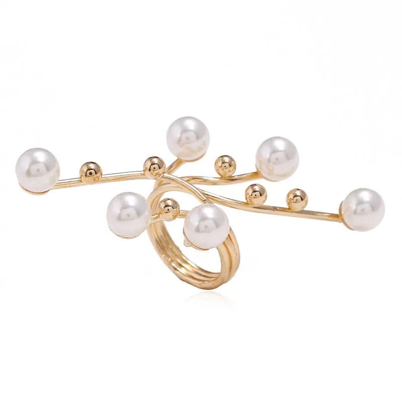 Vintage White Pearl Geometric Rings For Women Exaggerated Metal Irregular Double Layer Large Pearl Rings Party Jewelry