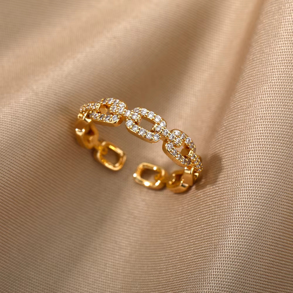 Hot Selling 18K Gold-Plated Full Diamond Titanium Steel Colorfast Open Ring Female Zircon Leaf Ring Female High Sense