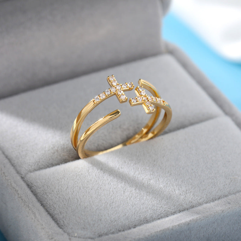 Hot Selling 18K Gold-Plated Full Diamond Titanium Steel Colorfast Open Ring Female Zircon Leaf Ring Female High Sense