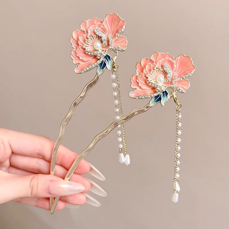 National Style Peony Flower Hairpin for Women 2025 New Super Fairy Step Shake Tassel Hair U-shaped Hairpin Cheongsam Hanfu Hairpin