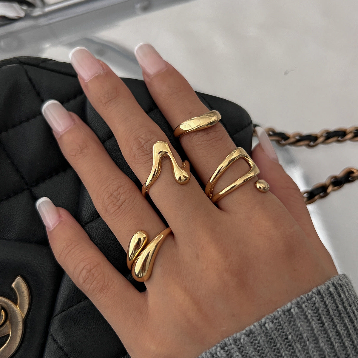 Hand Jewelry Personality Smooth Irregular Geometric Joint Ring Hip Hop Style Women's Ring Set