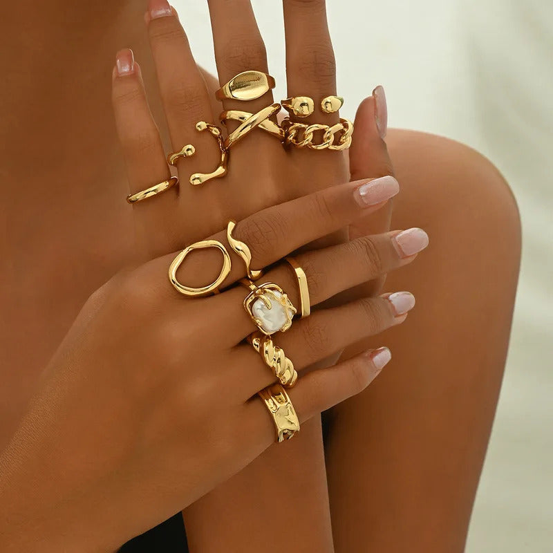 12PCS Set Of New Irregular Geometric Ring Alloy Plated Metal Adjustable Finger Ring For Women, Fashion Statement Jewelry Party N