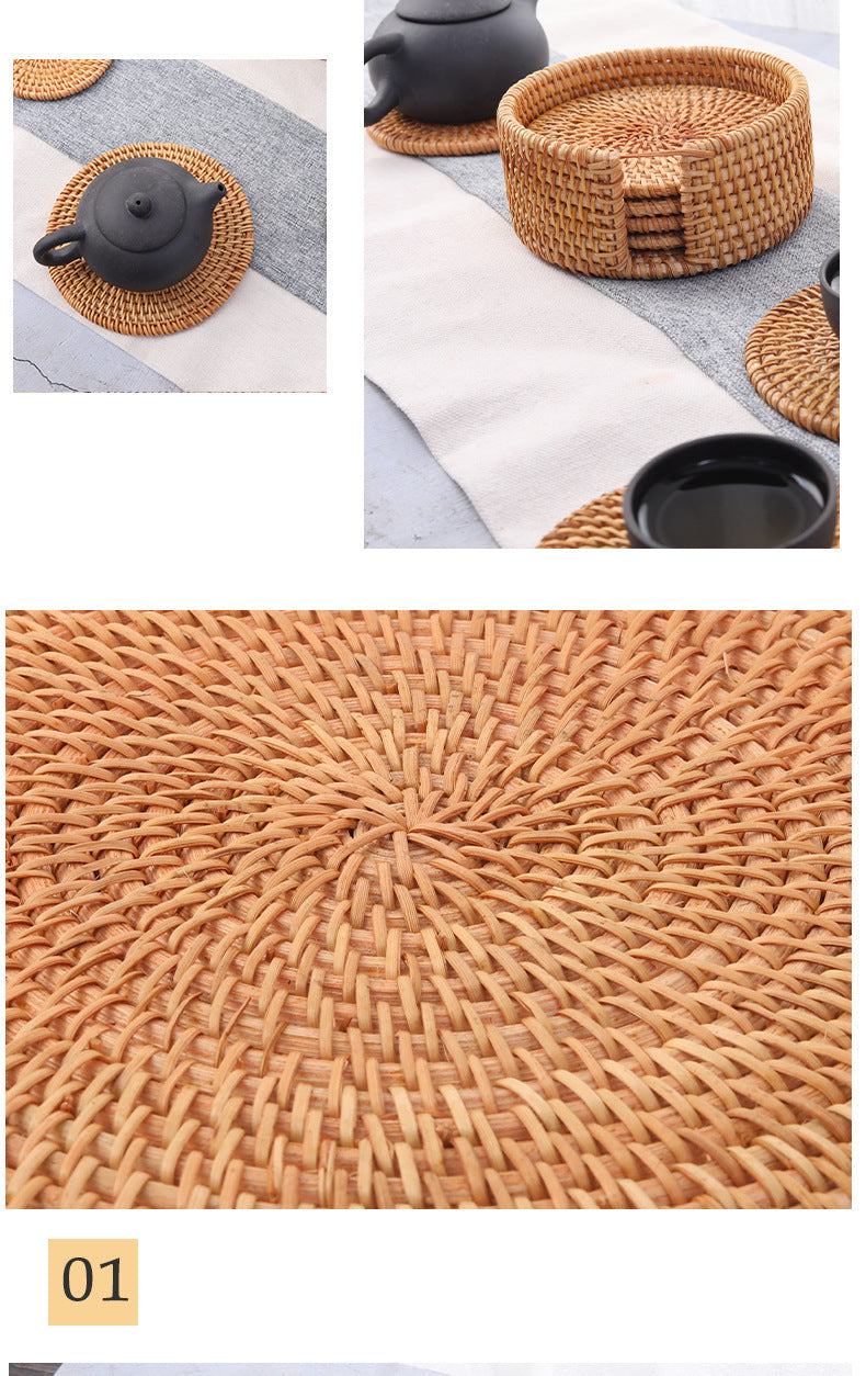 In Stock Vietnam Rattan Coaster Handmade Round Tabletop Tea Coaster Autumn Rattan Dining Table Western Food Mat Heat Insulation Tea Set Accessories