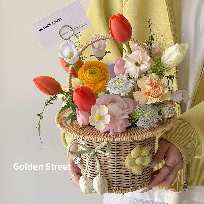 New Gift Hat Flower Basket Fresh Flower Bouquet Flower Arrangement Handheld Basket Handmade Creative Gift DIY Floral Art Materials Woven Flower Basket