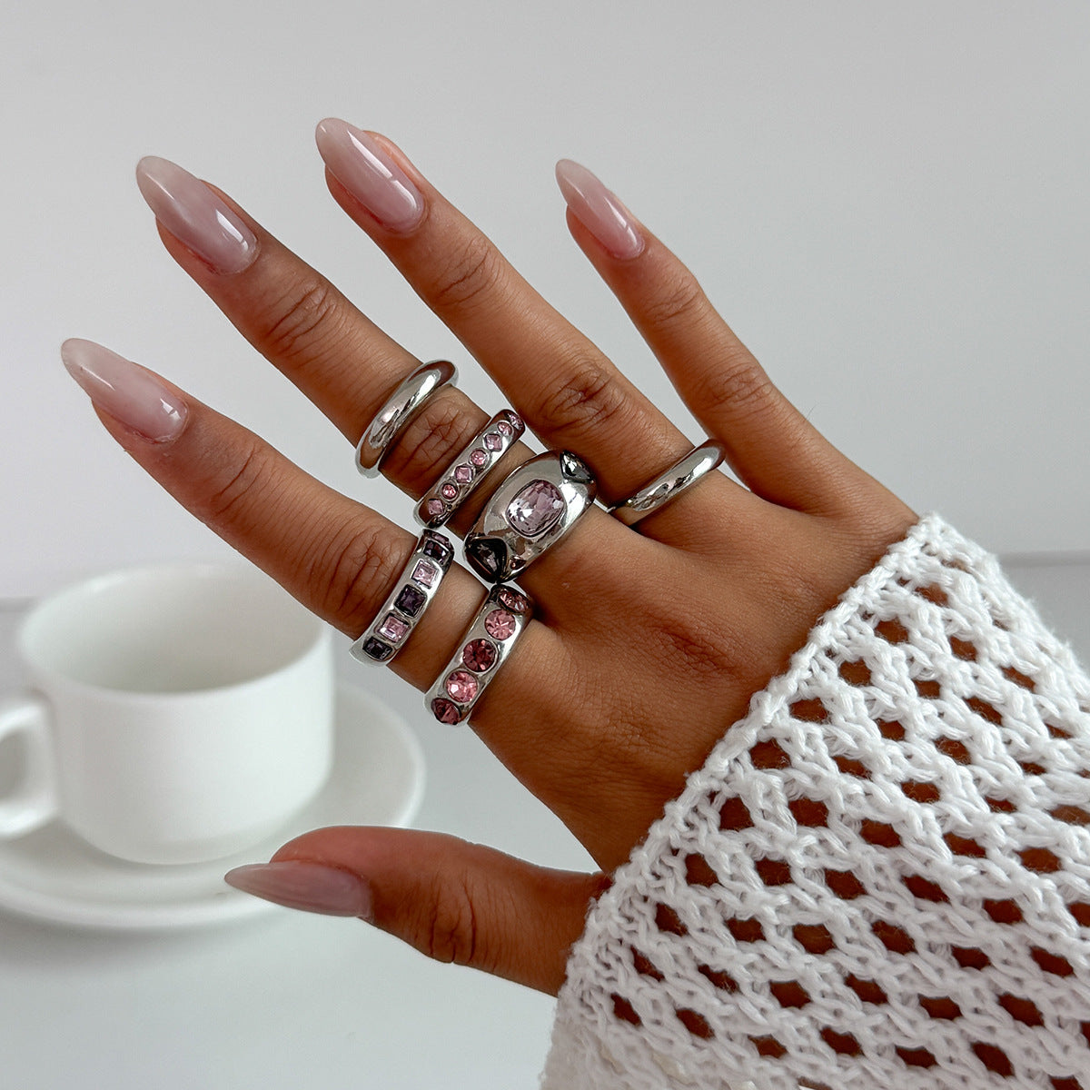 Fashionable Hollow Inlaid Irregular Ring Vintage Alloy Wrinkled Ring Set