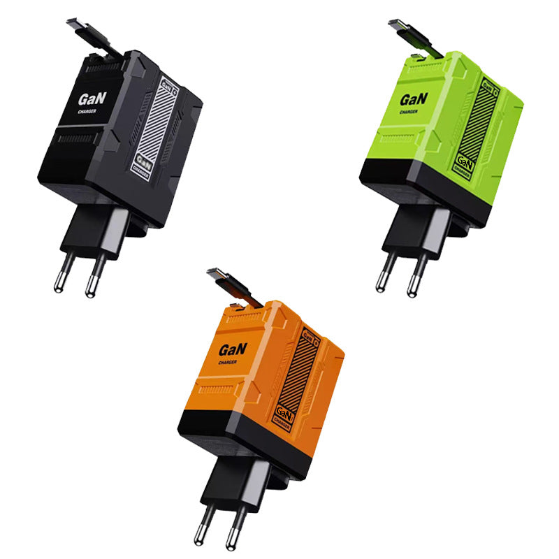 Mecha Style Fully Compatible GaN Fast Charger Compatible with Apple and Android Fast Charging Dual Retractable Cable Charger