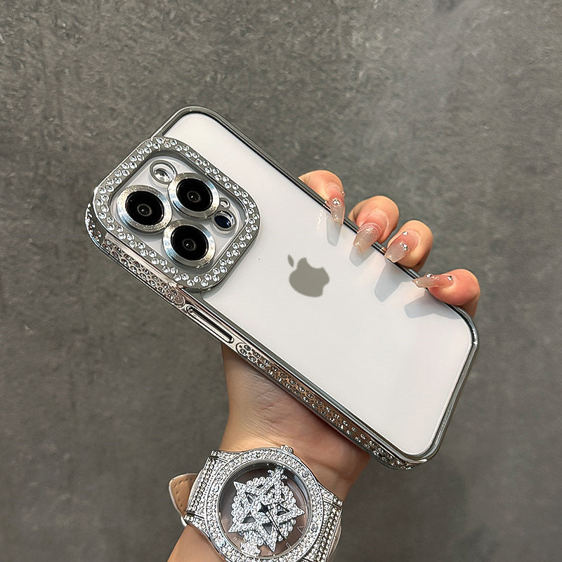 Double Row Diamond Compatible with iPhone 15 Pro Max Phone Case Electroplated Diamond Inlaid Transparent Soft Case Apple 16 Full Coverage Anti-drop